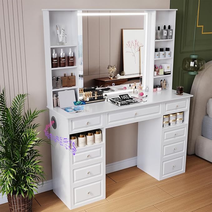 Extra Large Vanity Desk with Mirror and Lights, White Vanity with Bluetooth Speaker, Wireless Charging and Mask Cooler, Makeup Vanity Table with 9 Drawers for Women (Minimalist Style)