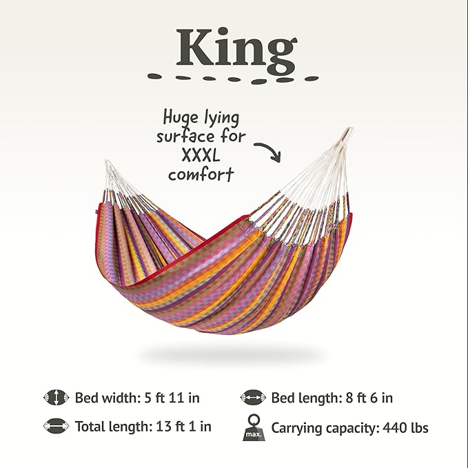 La Siesta® Flora Classic Organic Cotton Hammock - Indoor Outdoor Hammock, Patio Bed Tree Portable Hammock, 2 Person Double Hammock - King, Flower