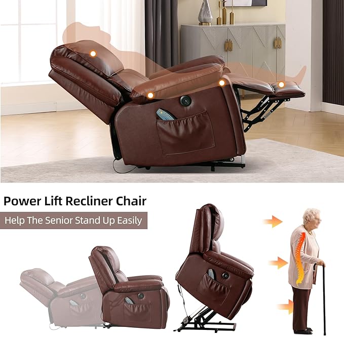 Phoenix Home Genuine Leather Power Lift Recliner Chair with Massage and Heat for Elderly, Electric Reclining Chair with USB Port, Cup Holders, Side Pockets for Living Room Bedroom, Red Brown