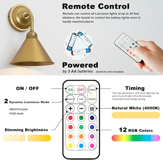 HEQIQEH Modern Battery Operated Wall Sconces Set of 2 with Metal Lamp Shade, 13 RGB Color Changing Dimmable Battery Wall Mounted Lamp with Remote Control for Bedroom, Galleries, Hallway, Hotels