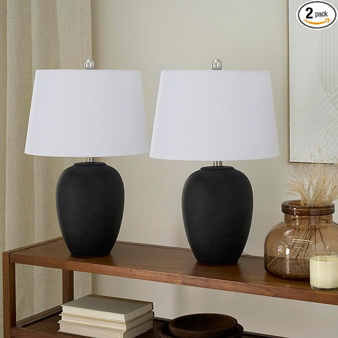 Nourison Home 23" Black Vintage Distressed Ceramic Pot Table Lamp for Bedroom, Living Room, Console, Entryway (Pack of 2)
