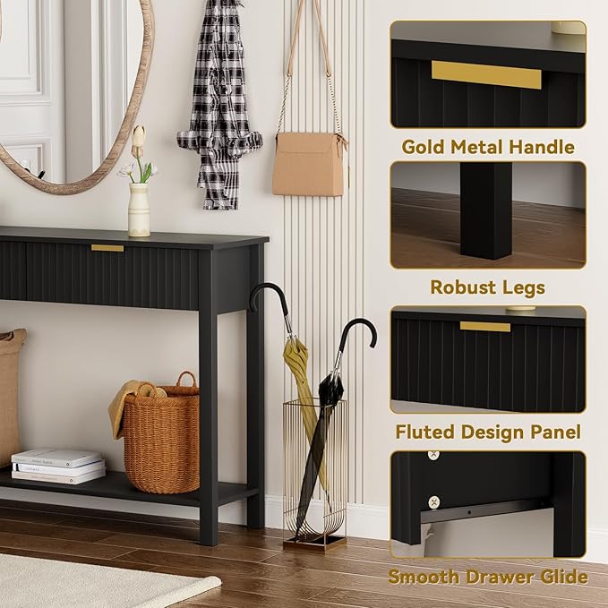 Console Table with 2 Fluted Drawers,Entryway Table with Open Storage Shelf, 47.2" Wood Sofa Table for Living Room and Hallway Brown