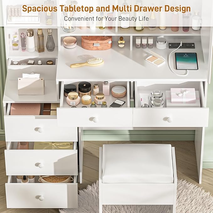 Vabches Makeup Vanity with LED Lights Mirror and Charging Station, Vanity Desk with Multiple Shelves and Drawers, Makeup Desk with Stool, Dressing Desk with 3 LED Light Models for Bedroom, White