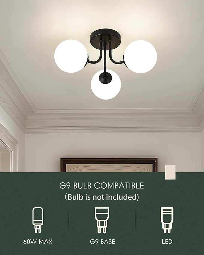 3-Globe Black Flush Mount Ceiling Light in a Modern Farmhouse Design is Ideal for Living Rooms, Bedrooms, or Dining Rooms. Model:CKCL4845-3W-BK