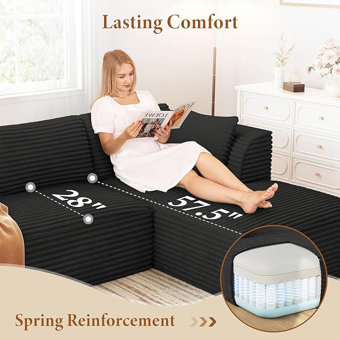 Vesgantti 106" Modular Sectional Sofa with Chaise, Deep Seat Comfy Cloud Couch Corduroy L Shaped Sofa Sectional Couches for Living Room Bedroom, No Assembly Required (Black, Right-Facing Chaise)