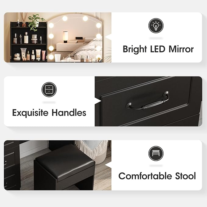 Makeup Vanity Table with Lighted Mirror & Power Strip, Vanity Set with Hair Dryer Rack, Lots Storage, 3 Lighting Modes, Brightness Adjustable, Black