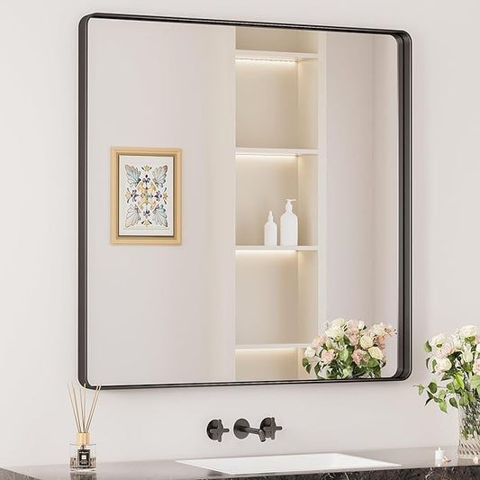 Keonjinn Black Bathroom Mirrors for Over Sink, 36 x 36 Inch Large Square Mirrors for Wall, Rounded Rectangle Matte Black Farmhouse Vanity Mirror, HD Tempered Glass Modern Mirror(Horizontal/Vertical)