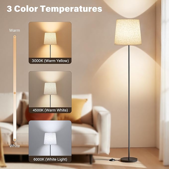 Floor Lamp with Linen Shade - 62" Dimmable LED Standing Lamp with Foot Switch, 3 Color Temps, 9W E26 Bulb Included, Black Floor Reading Light Corner Lamp for Living Room Bedroom Office