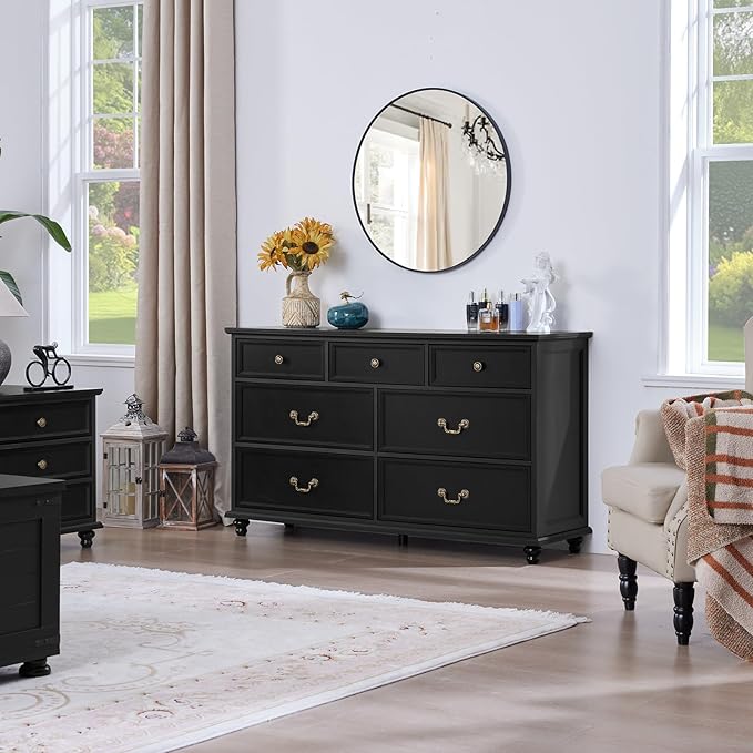 Farmhouse 54" 7 Drawers Dresser for Bedroom, Wide Chest of Drawers w/ 4 Wooden Legs, Vintage Large Closet Storage Dressers Organizer for Hallway, Wood Rustic TV Stand for Living Room, Black