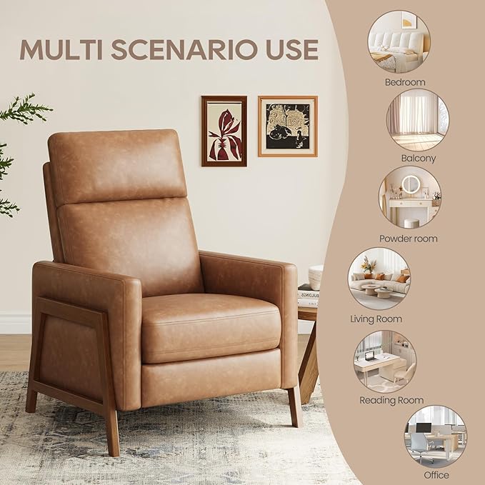 COLAMY Push Back Recliner Chair, Upholstered Leather Recliner with Footrest 118-150 Degree Adjustable, Comfy Modern Wingback Recliner for Living Room, Bedroom,Small Spaces,Cocoa
