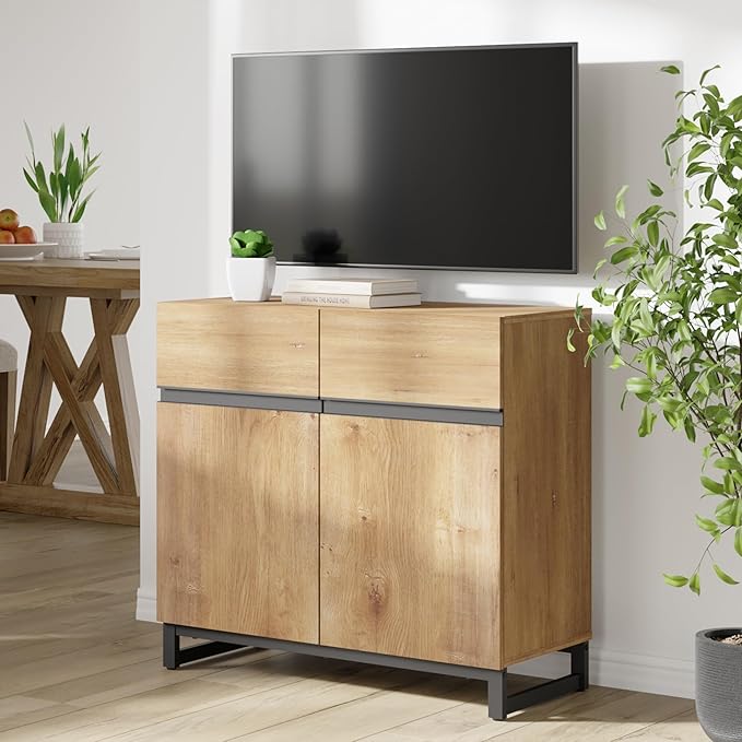 WAMPAT Modern TV Stand for 75-110 Inch TVs, Oak Wooden Entertainment Center with Metal Base & Adjustable Shelves, 31.5 Inch, Living Room, Bedroom