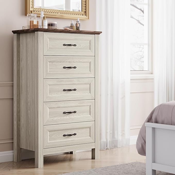 LINSY HOME 5 Drawers Dresser for Bedroom, Wood Tall Bedroom Chest of Drawers with Metal Handle, Farmhouse Dressers Organizer for Living Room, Closet, Hallway, White Oak