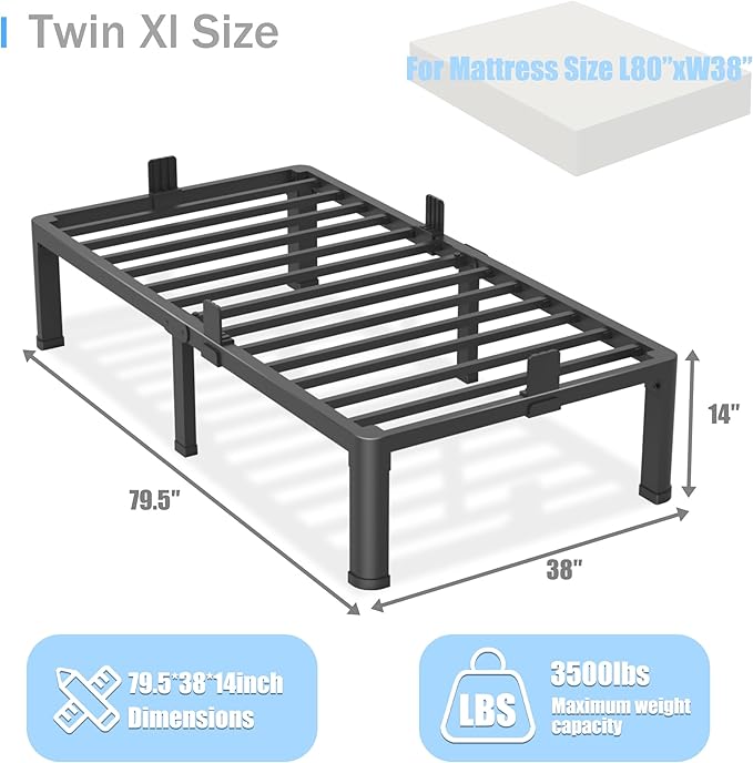 14 inch Twin XL Bed Frame with Round Corner Legs Mattress Slide Stopper,3500 lbs Heavy Duty Metal Platform,No Box Spring Needed,Easy Assembly,Noise Free