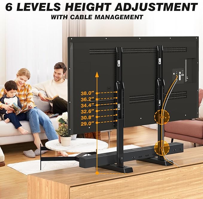 5Rcom Universal TV Stand, Large TV Legs for 37-86 Inch Flat Curved TVs with Cable Management, 6 Height Adjustment Table Top TV Mount Stand Up to 150lbs, Black