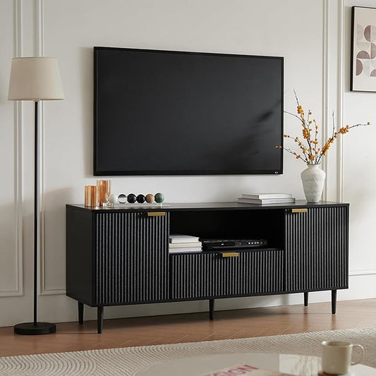 Okvnbjk Black TV Stand for 65 Inch TV, TV Consoles for Living Room, TV Stand for Bedroom w/Drawer and Storage, Wood Fluted Panel Media Console, Entertainment Center w/Soft Hinge & Cable Management