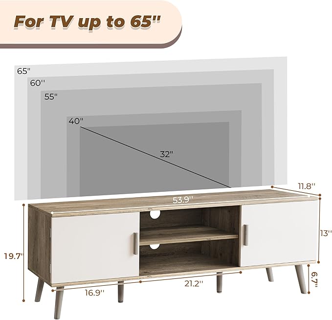 SUPERJARE TV Stand for 55 Inch TV, Entertainment Center with Adjustable Shelf, 2 Cabinets, TV Console Table, Media Console, Solid Wood Feet, Cord Holes, for Living Room, Bedroom, Gray and White