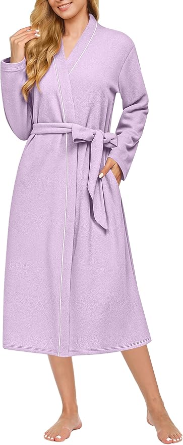 Ekouaer Robes for Women Long Sleeves Bathrobe V Neck Cozy Housecoat Lightweight Fleece Robe with Pockets S-XXL