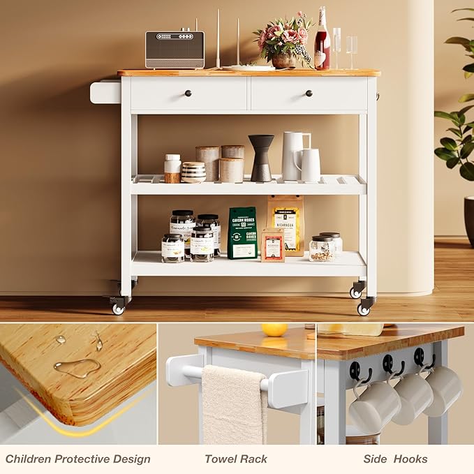 Gizoon Kitchen Island Cart on Wheels with 40'' Wood Tabletop, 2 Open Tiers Spacious Storage Shelves and Towel Rack, Rolling Utility Cart with 3 Side Hooks and 2 Drawer for Dining Room, Bar, White