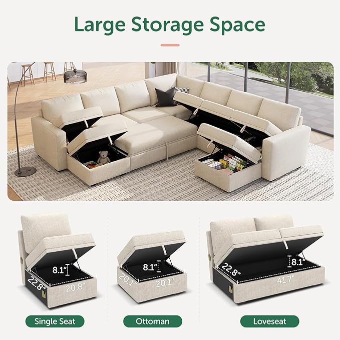 HONBAY Modular Sectional Sleeper Sofa with Pull Out Couch, Oversized U Shaped Sleeper Pull Out Bed with Storage Sectional Couches for Living Room - Beige