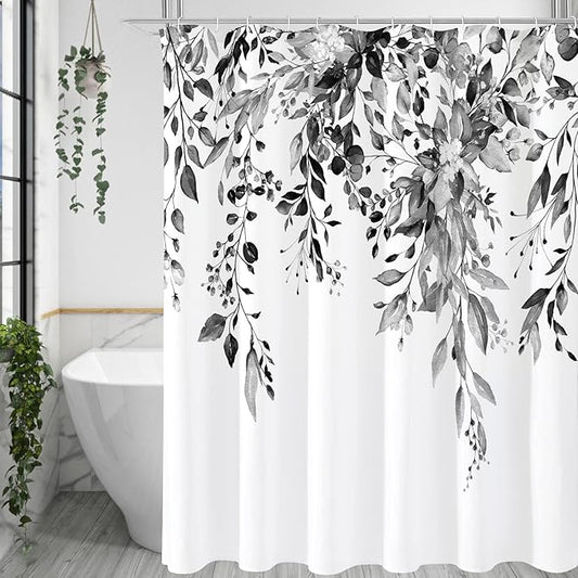 Gibelle Long Shower Curtain 72 x 78, Black and White Floral Shower Curtain, Watercolor Plant Eucalyptus Leaves Fabric Shower Curtain Set with Hooks