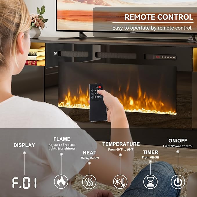 oneinmil 70” TV Stand with 36” Electric Fireplace, Large Modern Media Entertainment Center with Storage Cabinet and 12 Colors LED Lights for TVs Up to 80", Black TV Stand and Black Fireplace