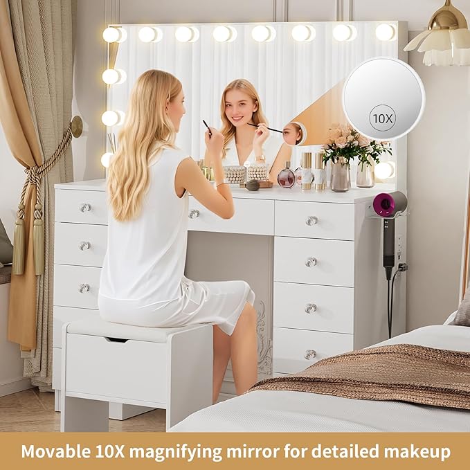 VOWNER Vanity with Lighted Mirror - Makeup Vanity Desk with Lights and 11 Drawers, 3 Color Lighting Modes Adjustable Brightness, 46" Makeup Desk with Soft Cushioned Stool for Bedroom, White