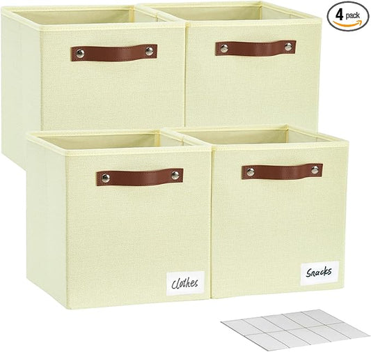 Collapsible Fabric Storage Cube Bins with 2 Reinforced PU Handles, Foldable Storage Organizer Baskets for Closet, Shelves, Living Room | 11"x11"x11", 4 Pack, Full Beige