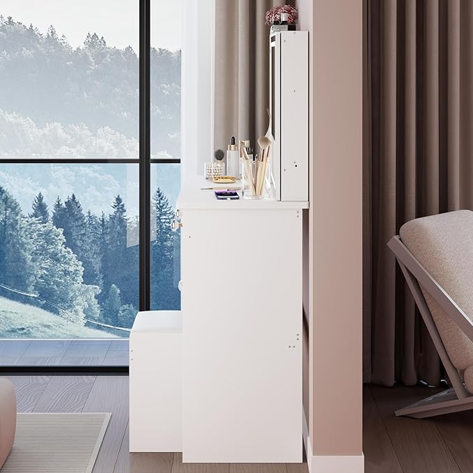 37" Vanity Desk with Mirror, Makeup Table with Sliding Mirror, Dressing Table with Multi Layer High Capacity Storage, Vanity Set with 6 Drawers and Stool for Bedroom, White