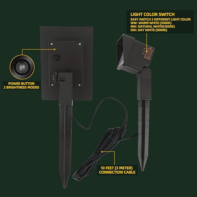 Solar Spot Light Landscape Lighting - 3 Pack of Outdoor Landscaping Light, 500 Lumen Garden or Accent Lighting for House or Trees, Dual Beam Angle, and 3 Light Colors,10ft Cable and Remote Solar Panel