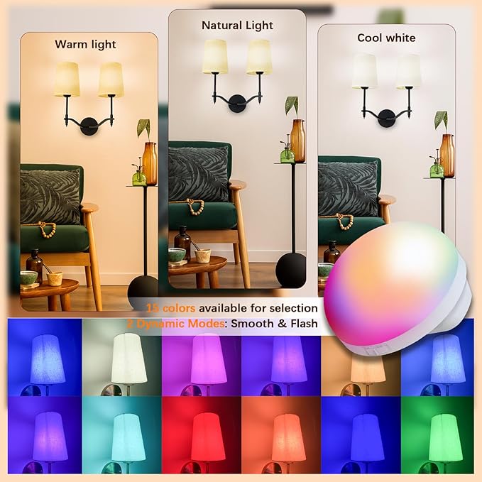 Wall Lights Battery Operated Wall Sconces 2-Light, Black Rechargeable Wall Sconce with 15 RGB Dimmable Detachable Bulbs and Remote, Wireless Battery Powered Wall Lamp for Living Room Bedroom