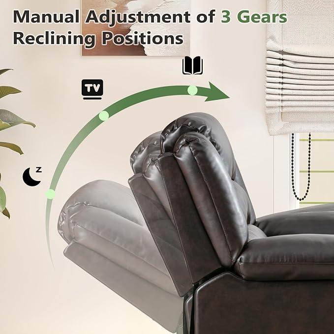 ANJ Manual Recliner Chair, Breathable Faux Leather Reclining Chairs with Overstuffed Arm and Back, Living Room Single Sofa Recliners (Dark Brown)