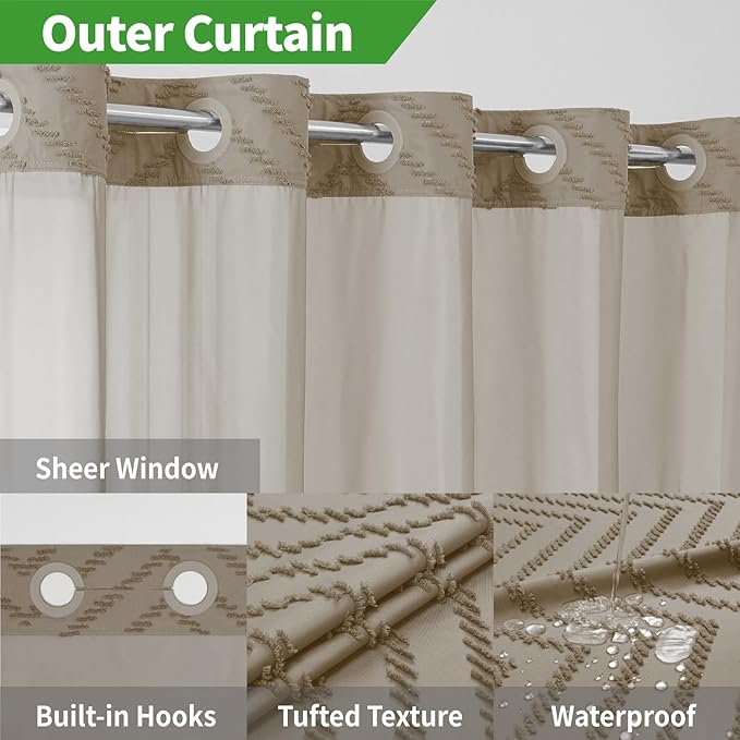 No Hook Boho Farmhouse Shower Curtain with Snap-in Fabric Liner set-54Wx80H(78H),Beige Tufted Chevron Striped Hotel Grade Cloth Shower Curtains for Bathroom with Window,Water Repellent