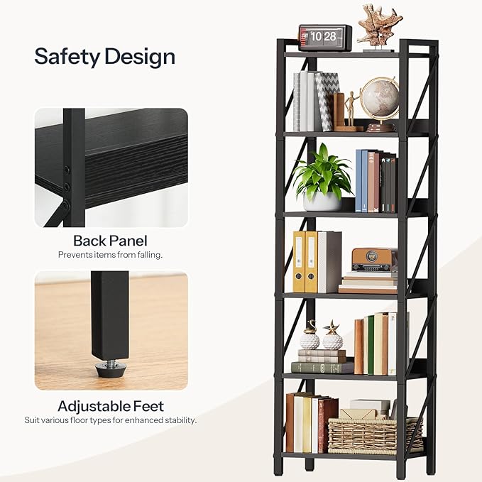 HOOBRO Bookshelf, 6-Tier Industrial Bookcase, Book Shelf Storage Organizer, Tall Bookshelf with Metal Frame for Living Room, Bedroom, Home Office, Kitchen, Black BB72SJ01