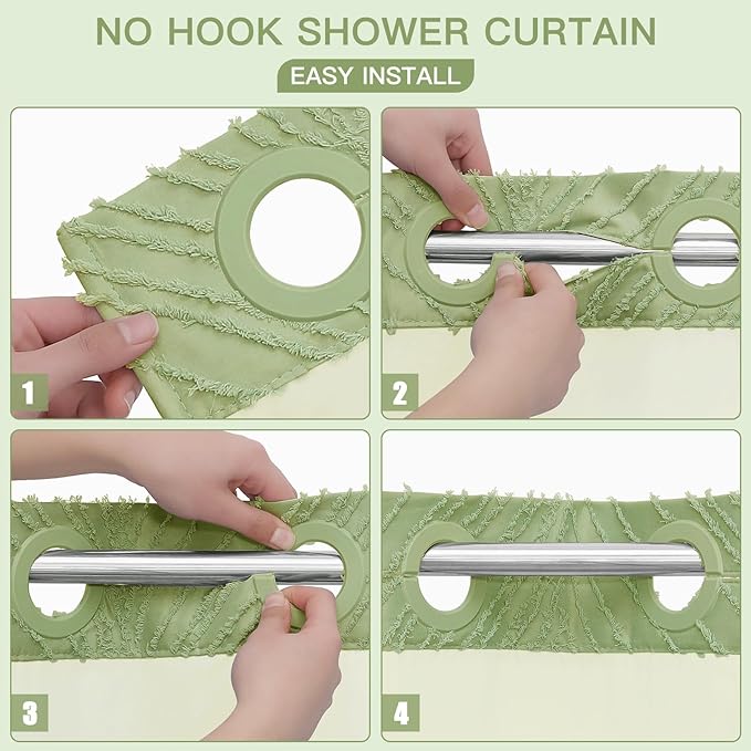 No Hook Extra Long Shower Curtain Set with Snap-in Liner, 86 inch XL Boho Sage Green Fabric Shower Curtains for Modern Bathroom Decor, Hotel Style Shower Curtain with See Through Top Window