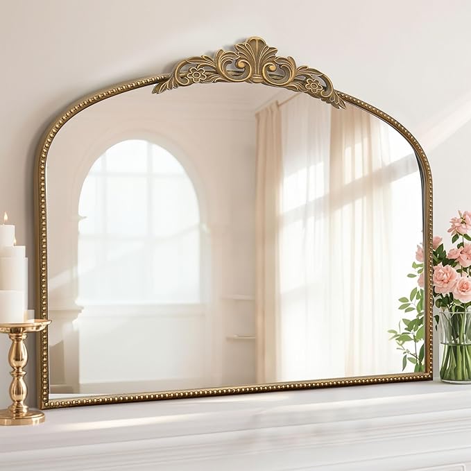 Micasso Gold Large Vintage Mirror, 40"x 30" French Baroque Antique Arched Wall Mounted Mirror Decorative Ornate Entryway Mirror for Wall Decor, Living Room, Hallway