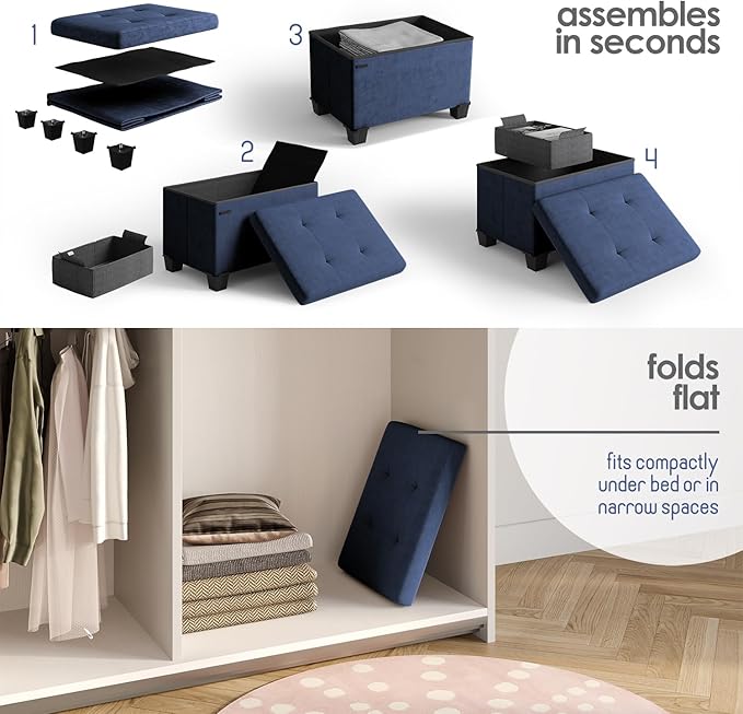 STORAGEBUD Storage Ottoman Cube with Small Bin, 16-in Square Ottoman with Storage for Living Room and Bedroom, Small Ottomans Foot Rest, Velvet Foot Stools Ottomans Max 330lbs, Blue