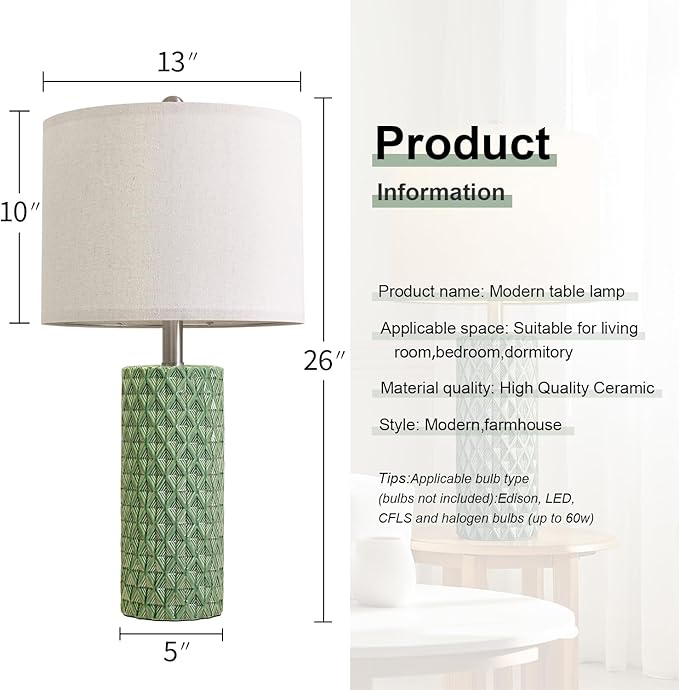 26" Tall Table Lamp for Living Room -Green Lamps Set of 2 Modern Ceramic Lamps for Night Stands, Bedside Lamp for End Tables, Nightstand Lamps for Bedroom