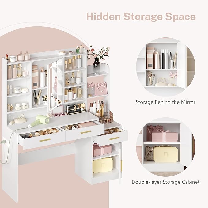 39.3'' Vanity Desk with HD Mirror and Lights, Makeup Vanity with Power Strip, DressingTable with Bedside Table, 3 Drawers and 9 Storage Shelves, Storage Behind The Mirror, White