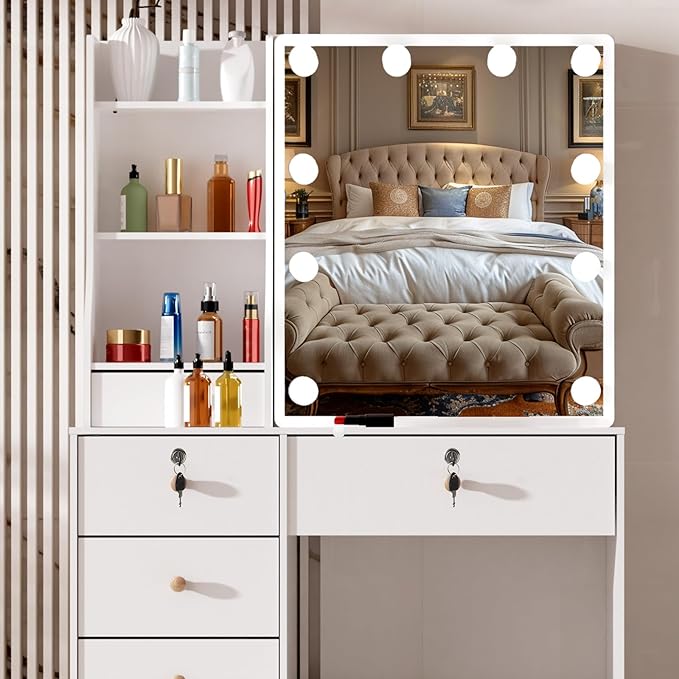 Vanity Desk with Mirror and Lights, Makeup Vanity Table with 3 Lighting Modes and Brightness Adjustable, Girls Makeup Desk with Stool and 6 Drawers for Bedroom, White