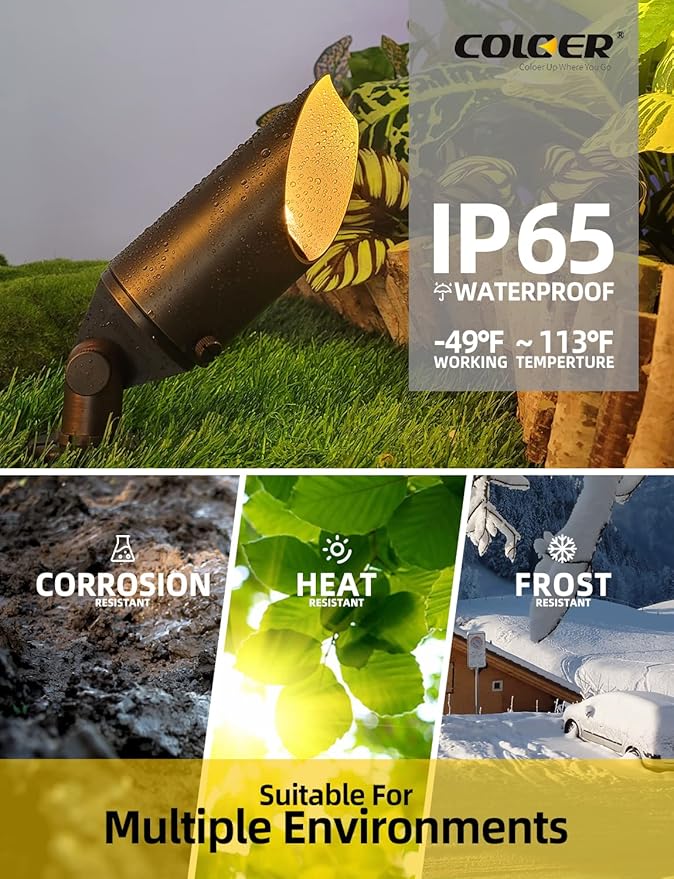 COLOER Brass Landscape Spotlights,12 Pack Spotlight Fixture Outdoor with 5W Aluminum Housing MR16 LED Bulb 2700K 450LM,12V AC/DC Low Voltage Landscape Lighting, Uplight for Garden and Patio(103B)