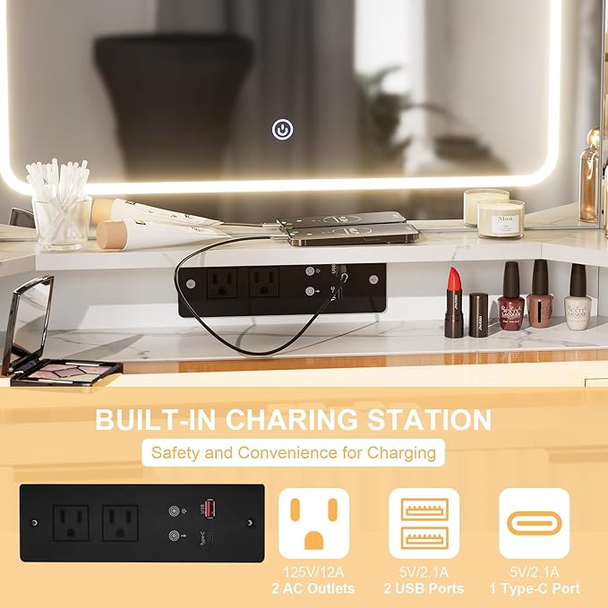 Corner Vanity Desk with 3 Way Mirror & LED Light, Fluted Makeup Vanity with Glass Top, Charging Station, Large Drawer & 2 Sliding Storage Cabinets with Human Sensor Light, White Marble