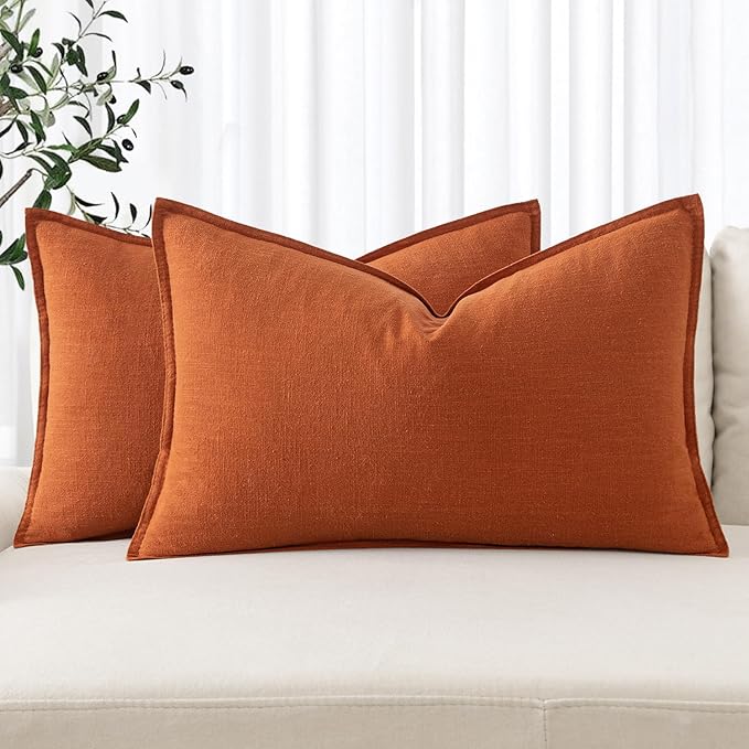 MIULEE Fall Decorative Linen Lumbar Pillow Covers 12x20 Inch Burnt Orange Boho Farmhouse Neutral Couch Throw Pillows for Bed Pack of 2 Accent Modern Pillowcase Summer Sofa Livingroom Home Decor