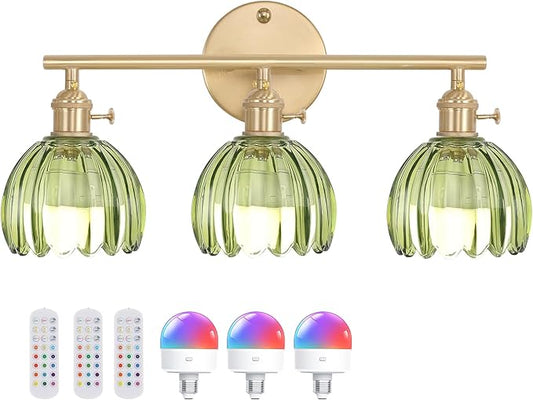 Battery Operated Bathroom Light Fixtures, 3-Light Brass Vanity Wall Light with 5000mAh Rechargeable Bulb Over Mirror with Green Tulip Glass Shade for Bedroom Living Room