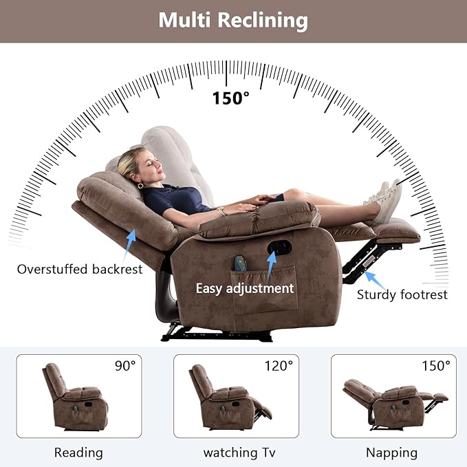 ANJHOME Overstuffed Massage Recliner Chairs with Heat and Vibration, Soft Fabric Single Manual Reclining Chair for Living Room, Camel