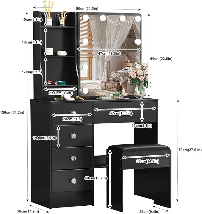 Black Vanity Desk with Lights, Makeup Vanity Table Set with Chiar and Storage Drawers, Vanity with Lights for Bedroom, Dressing Table for Teen Girls and Women