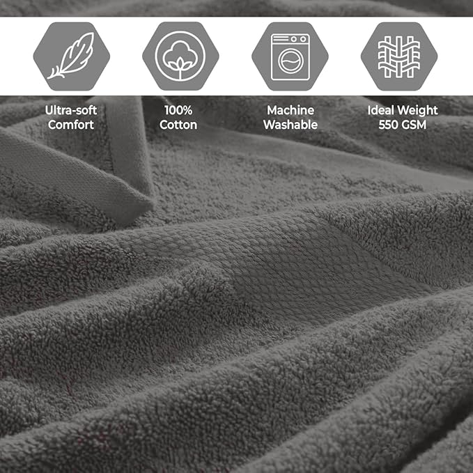 Pack of 8 Towels Set, 2 Large Bath Towels, 2 Hand Towels, 4 Wash Cloths, 100% Cotton, Lighter Weight, Quicker to Dry, Super Absorbent, Perfect for Bathroom (Grey)