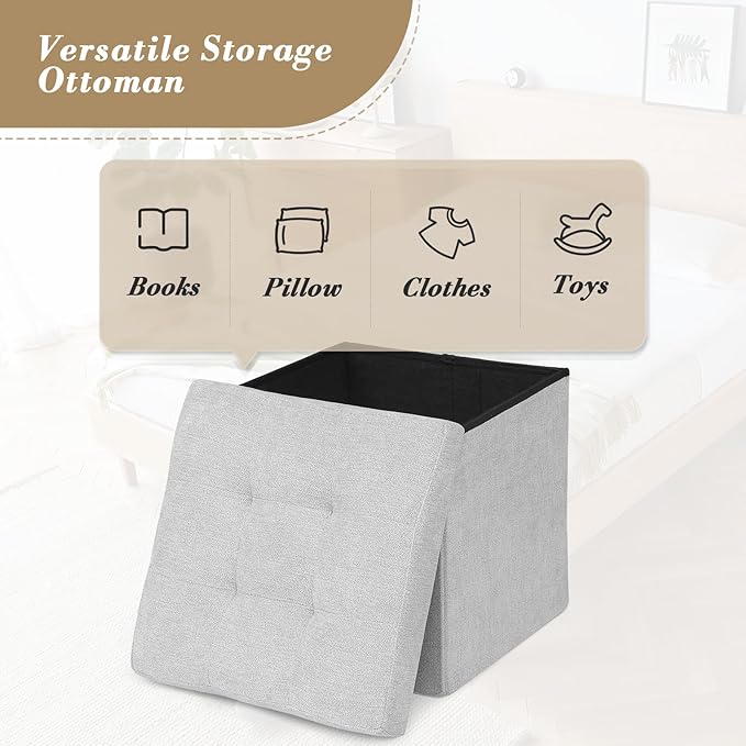 Athena Collection Line Square Ottoman with Storage, 15 Inch Small Storage Ottoman, Multipurpose Footstool Foot Rest for Living Room, Bedroom, Dorm, Light Grey