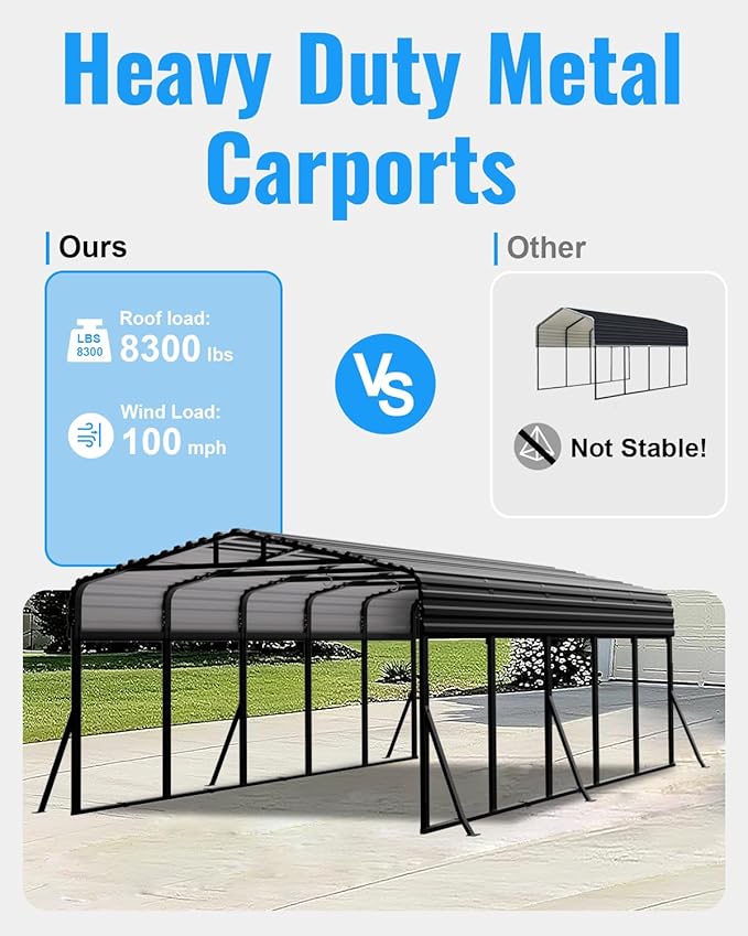 12x25FT Metal Carport, Extended Heavy Duty Carport with Reinforced Frame & Side Support Poles for All-Weather, Large Outdoor Car Port for Pickup Trucks, Boats, Cars & Tractors