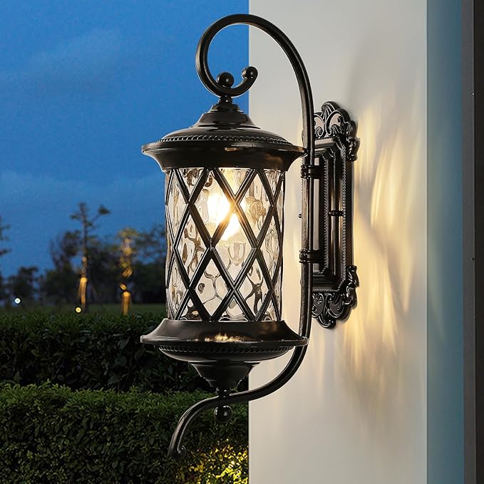 Retro Large Outdoor Wall Lanterns 24" Exterior Light Fixtures Coach Light Waterproof Aluminium with Water Glass Outside Wall Lamps for House Front Door Garage Porch Lighting, Black