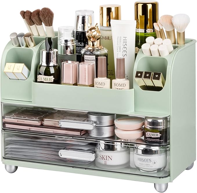 Anyoifax Makeup Organizer Countertop with Large Drawers, Vanity Organizer with Brush Holder, Skin Care Storage for Dresser, Perfume Organizer for Lotion, Lipsitck, Palette, Green